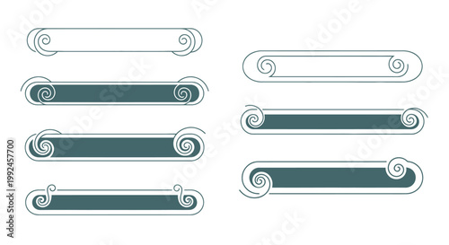 Set of eight horizontal teal and dark teal text bars with decorative swirling ends, perfect for buttons, on an isolated white background.