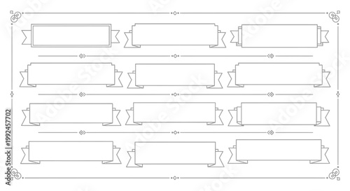 Assortment of outlined ribbon banners and decorative frames with geometric patterns on an isolated white background.