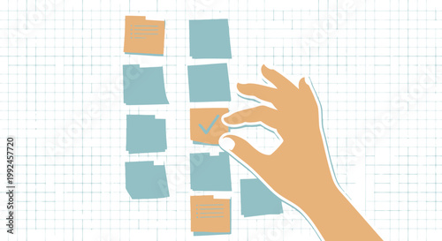 Hand, placing, colorful sticky notes, office organization, vector icons