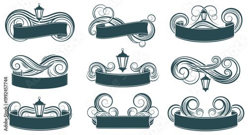 A vintage set of blue crown vector icons and royal silhouettes featuring retro ribbon elements and frame illustrations for logo design