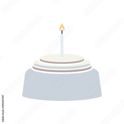 Simple Birthday Cake with Lit Candle, Isolated on White Background