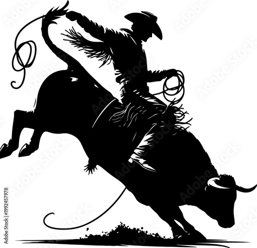 Cowboy riding a bucking bull isolated on white background