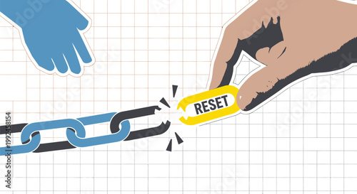 Breaking free, freedom concept, reset button, chain breakage, liberation icon