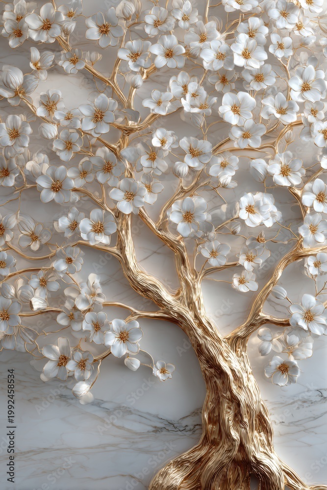 Naklejka premium A stylized golden tree entirely covered in white silk blossoms. White marble background. Luxurious 3D sculptural relief