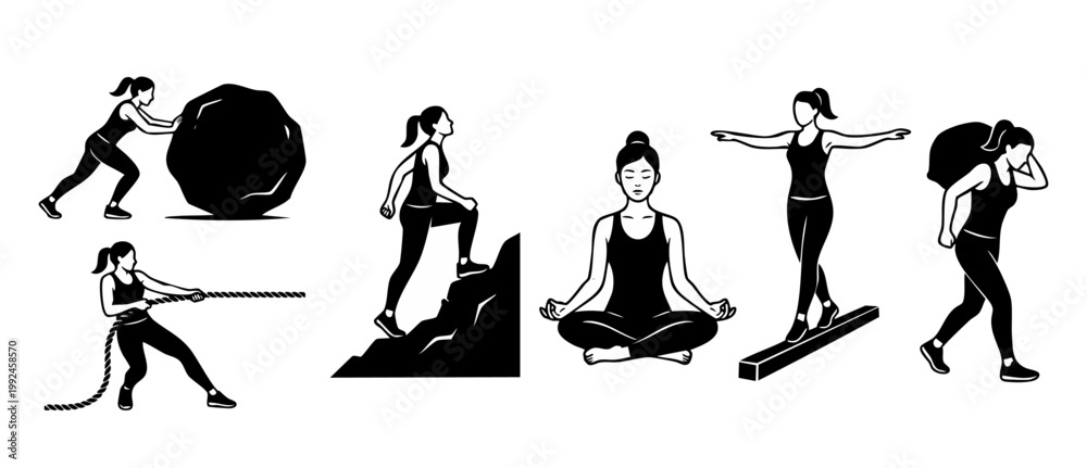 Fototapeta premium Woman Fitness Silhouettes Set, Pushing Rock, Climbing Mountain, Yoga Meditation, Balancing Beam, Carrying Heavy Load, Strength and Mental Wellbeing Concept, Black and White Vector Illustration Icon Co