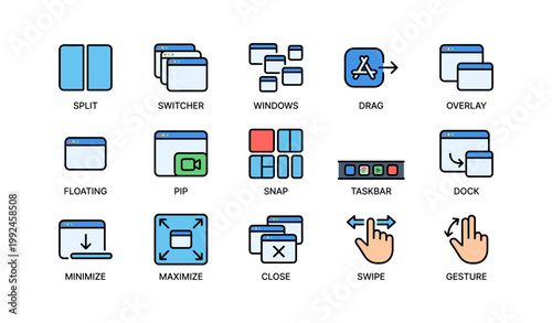 Window management and multitasking icons arranged on white background