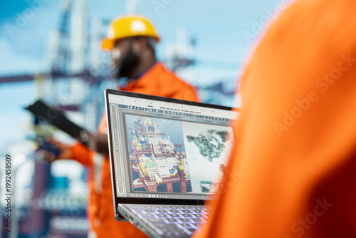 Fotografie Close up of geophysicist analyzing map on device screen to determine best offshore drilling location