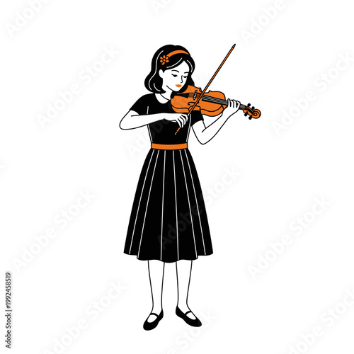 young woman playing violin minimal line art black dress isolated