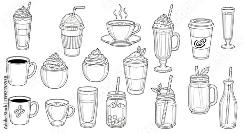Beverage icons, drink set, coffee, tea, milkshake illustrations, 20 outline style drawings