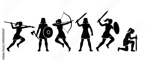 Fotografía Warrior Woman Silhouettes Set, Medieval Female Soldiers Fighting with Weapons, S