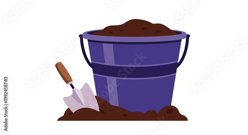 Gardening tools, purple bucket, soil scoop, yard work, landscaping icons, vector garden tools