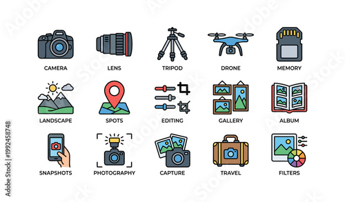 Picture equipment icons showing gear and gallery tools on white