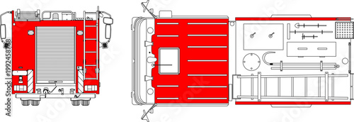 Technical engineering drawing of a fire truck showing front elevation, side plan, and rear view with equipment including ladders, hoses, and compartments.