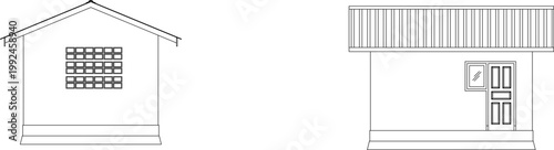 Technical architectural elevation showing two simple house facade designs: one with pitched roof and grid window, another with flat roof, vertical screening, and paneled door.