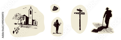 Set of pilgrim group walking on path to church on trail. Country landscape with camino signpost, pilgrims way shell, man and women for Canterbury or Camino religious pilgrimage walk. Faith based icon.