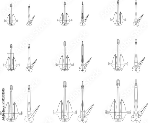 Technical engineering illustration displaying a collection of expansion anchor bolts and toggle fasteners in various sizes and deployment states.
