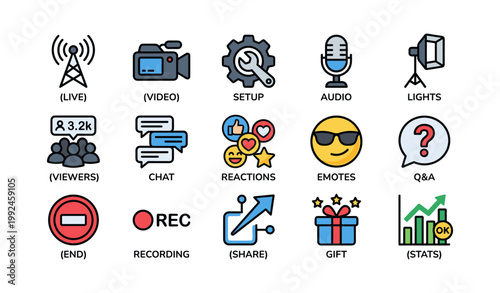 Live stream and broadcast icons arranged in grid on white