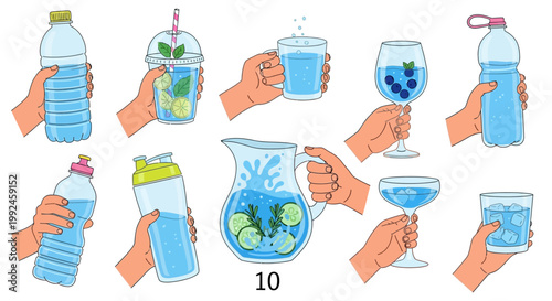 Refreshing drink icons, water glass illustrations, infographic elements, beverage set, 10 designs