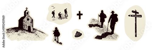 Collection of pilgrim group walking on path to church on trail. Country landscape with camino signpost, pilgrims way shell, men and women for Canterbury Camino pilgrimage walk. Faith based Icon set.