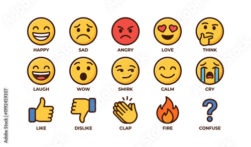 Emoji expression icons representing emotions on white grid