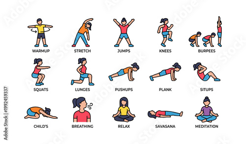 Exercise movement icons showing warmup to meditation on white
