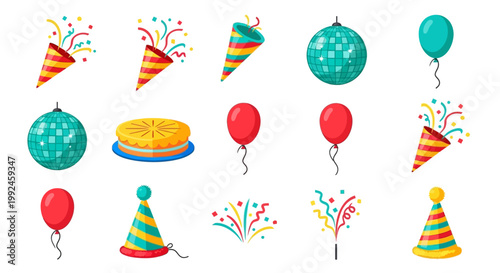 Birthday party icons, colorful balloons, hats, cake, celebration elements, 16 vector graphics