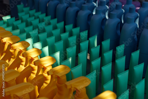 Vibrantly colored cleaning products arranged in an indoor exhibition