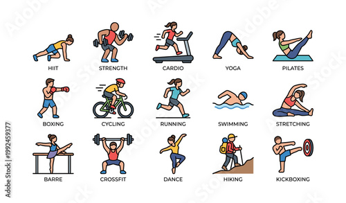 Fitness activity icons displaying workouts in grid on white background