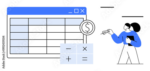 Financial analysis, budgeting, data management, accounting, cost calculation, business strategy. Spreadsheet with calculator, dollar sign and professional figure. Financial analysis and budgeting