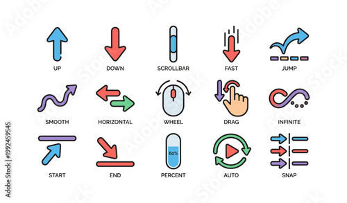 Arrow and scrolling control icons arranged on white background