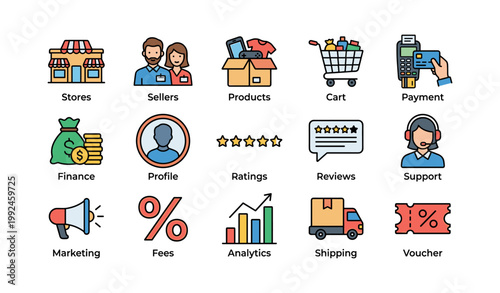 Ecommerce icons showing marketplace features on white background