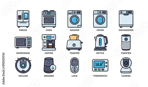 Home appliance icons arranged in grid on white background
