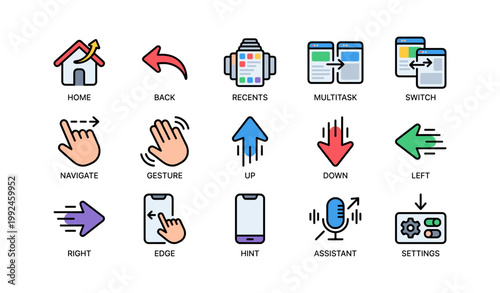 Mobile navigation and gesture icons on white background