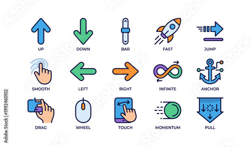 Navigation and gesture icons showing controls on white background