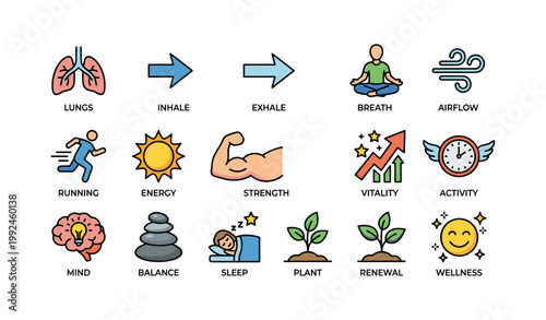 Wellness icons showing breathing exercise and healthy habits