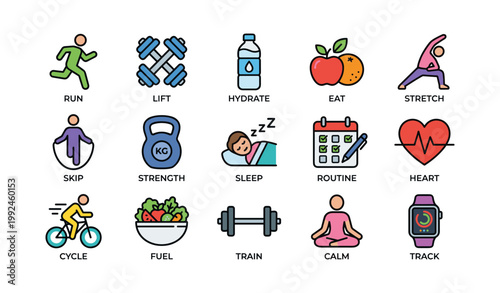 Health and fitness icons showing exercise actions on white