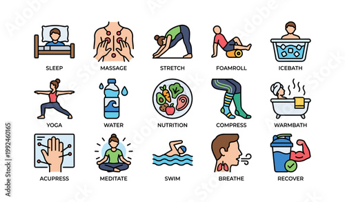 Wellness icons depicting recovery and self care routines on white background