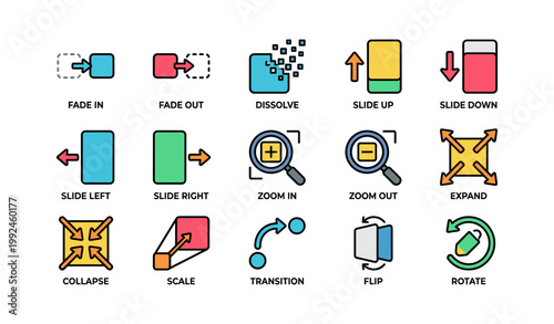 Animation transition icons displayed in grid on white background