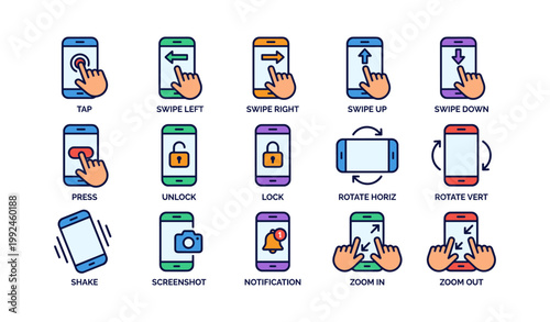 Mobile touch gesture icons showing taps swipes and rotations on white
