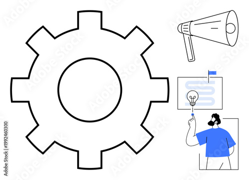 Business solutions, creativity, teamwork, innovation, process management, project planning, communication strategy. A gear megaphone chart and man pointing to an idea. Business solutions