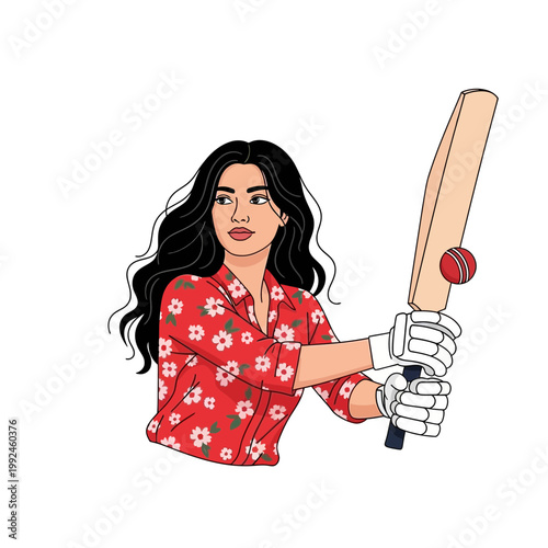 Woman cricketer batting with bat and ball, illustration
