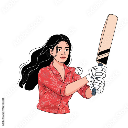 Woman cricketer playing with bat and ball, illustration