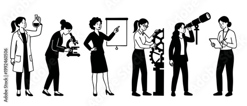 Women in Science STEM professionals collection, scientists and researchers working with laboratory equipment, telescope, microscope, gear mechanism and business presentation in flat line art vector il