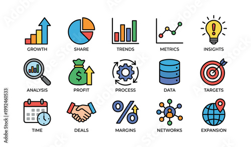 Business analytics icons showing growth, metrics and data