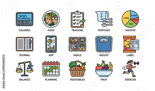 Nutrition icons for food tracking and meal planning on white