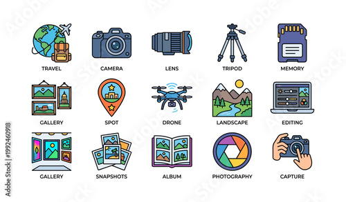 Travel and photography gear icons arranged in grid on white background