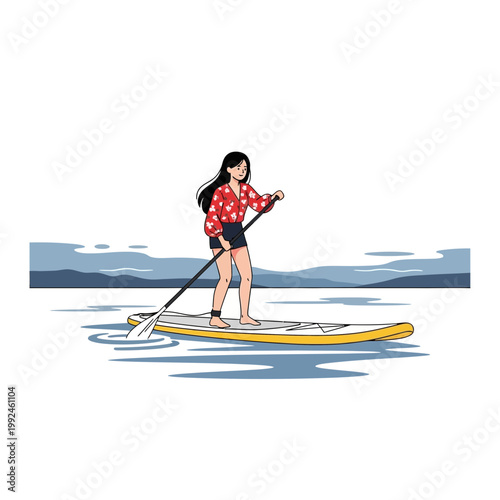 Woman paddleboarding on calm lake, summer outdoor activity