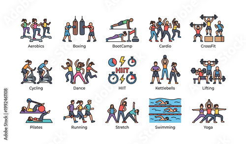 Group exercise and workout icons representing diverse fitness classes