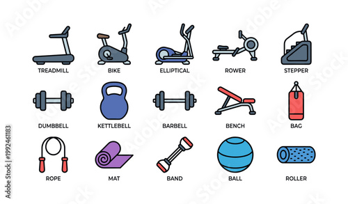 Gym equipment icons arranged in a grid on white background