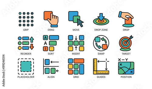Grid of drag and drop interface icons on white background
